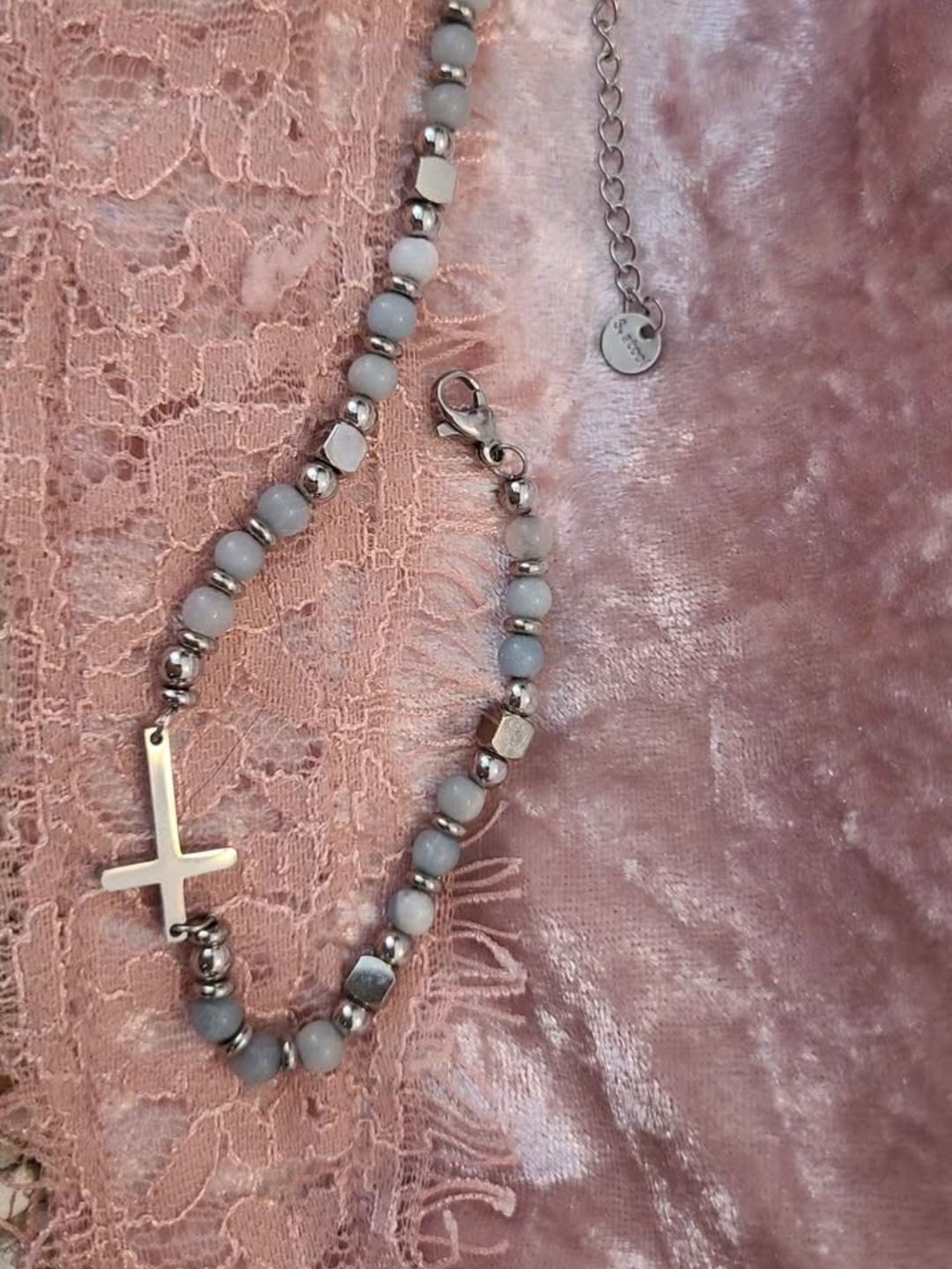 Horizonal Beaded Cross Necklace in Light Blue- Women's Jewelry